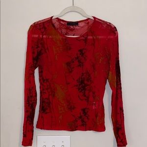 Prada red w/ brown & tan velvet design top sz. L